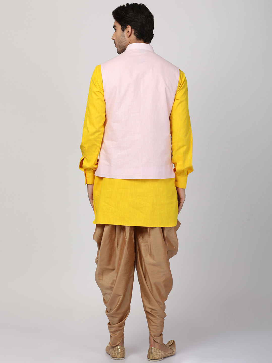 mens yellow cotton blend ethnic jacket kurta and dhoti pant set962