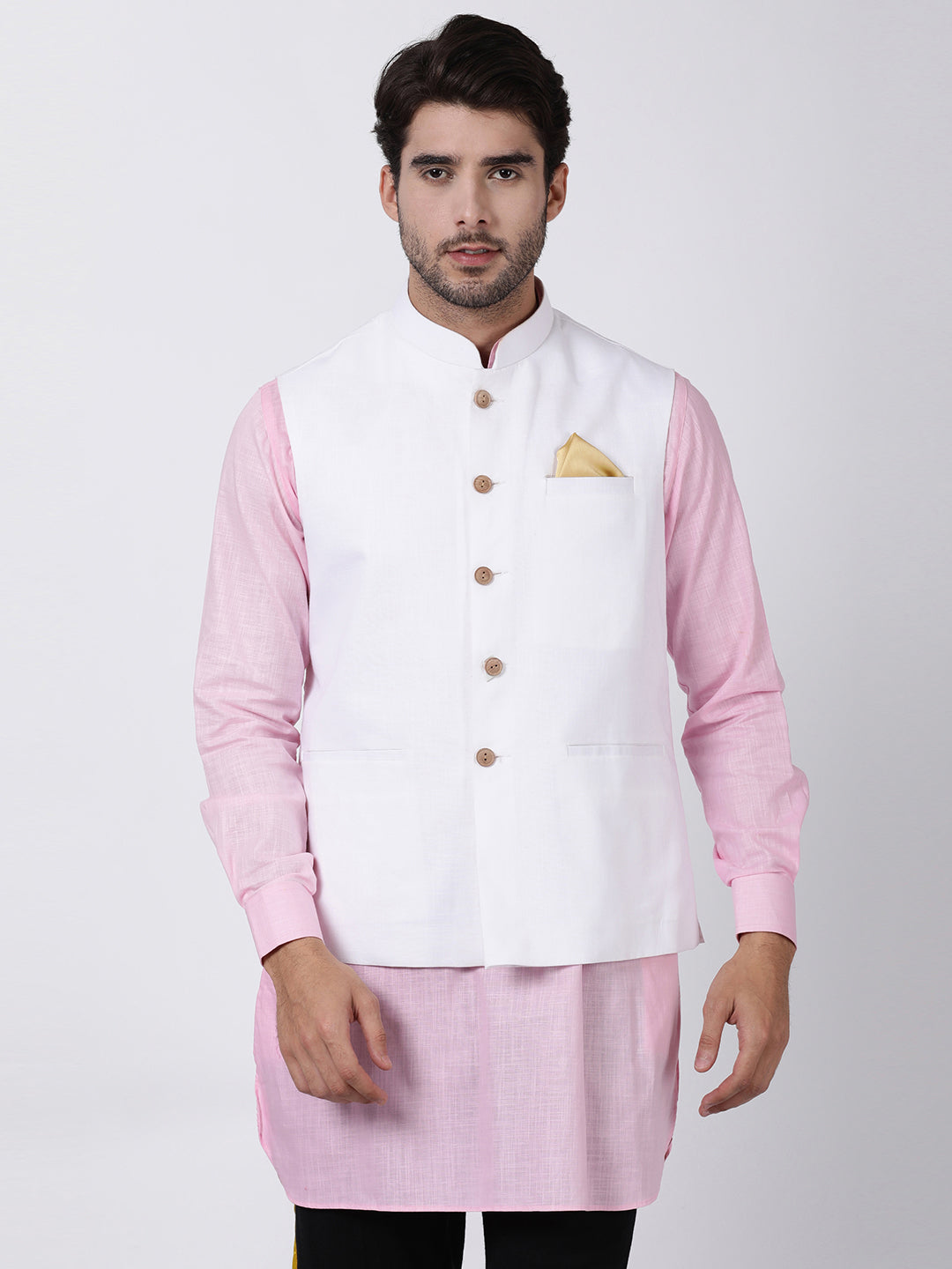 VASTRAMAY Men's White Cotton Ethnic Jacket