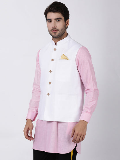 Vastramay Men's White Cotton Ethnic Jacket