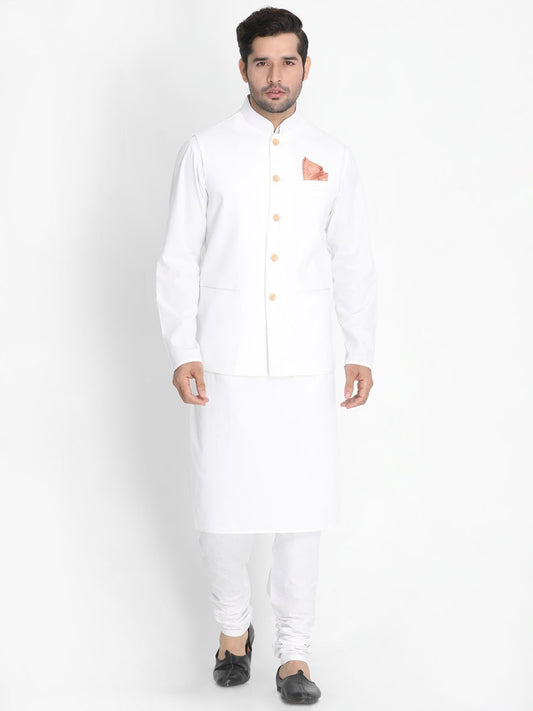 Vastramay Men's White Cotton Blend Kurta, Ethnic Jacket and Pyjama Set