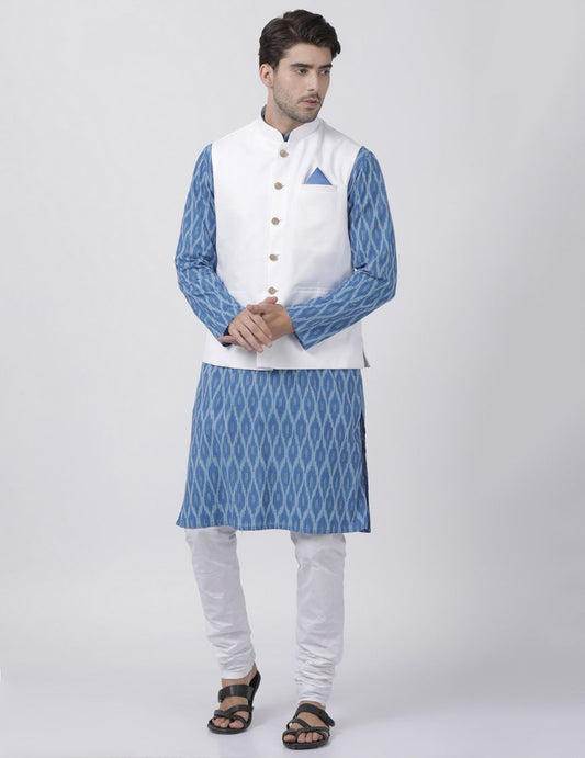 Vastramay Men's Light Blue Cotton Blend Ethnic Jacket, Kurta and Dhoti Pant Set