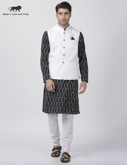 Vastramay Men's Black Cotton Blend Ethnic Jacket, Kurta and Pajama Set