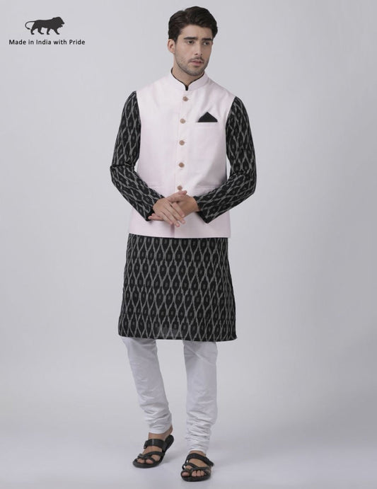 Vastramay Men's Black Cotton Blend Kurta, White Ethnic Jacket and Pajama Set