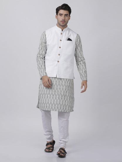 Vastramay Men's White Cotton Blend Ethnic Jacket, Kurta With Pajama Set