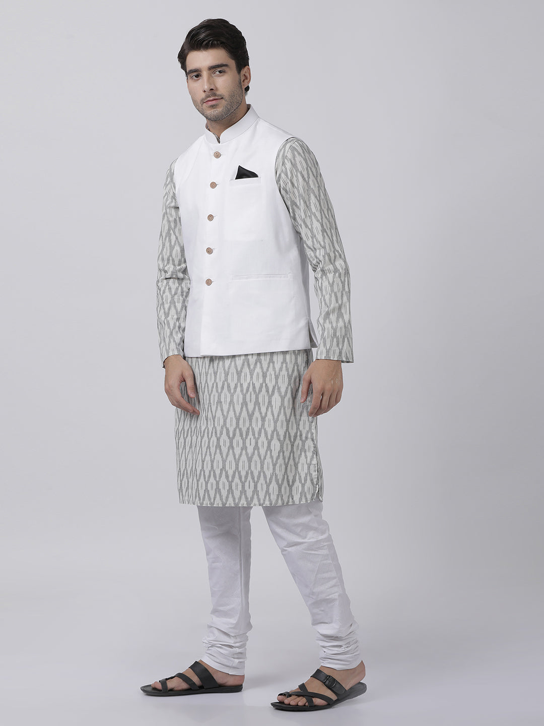 mens white cotton blend ethnic jacket kurta and dhoti pant set979