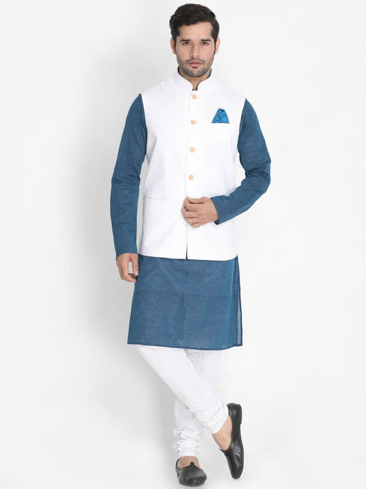 Vastramay Men's Dark Blue Cotton Blend Kurta, White Ethnic Jacket and Pyjama Set