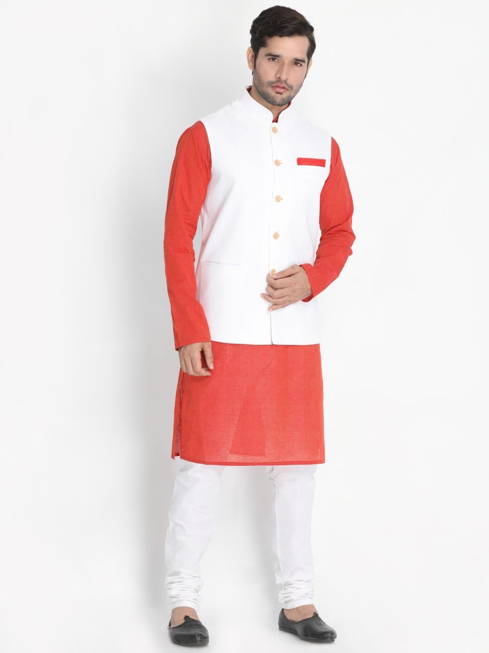 Vastramay Men's Red Cotton Blend Kurta, Ethnic Jacket and Pyjama Set