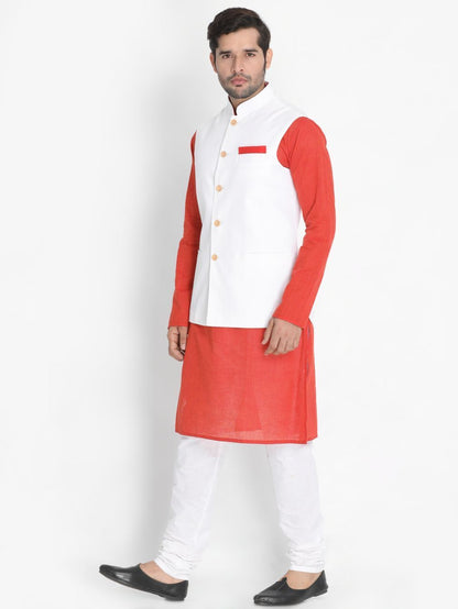 mens red cotton blend kurta ethnic jacket and pyjama set986