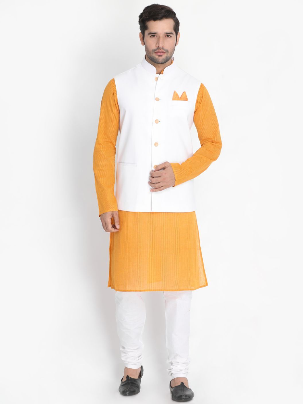 Vastramay Men's Yellow Cotton Blend Kurta, Ethnic Jacket and Pyjama Set