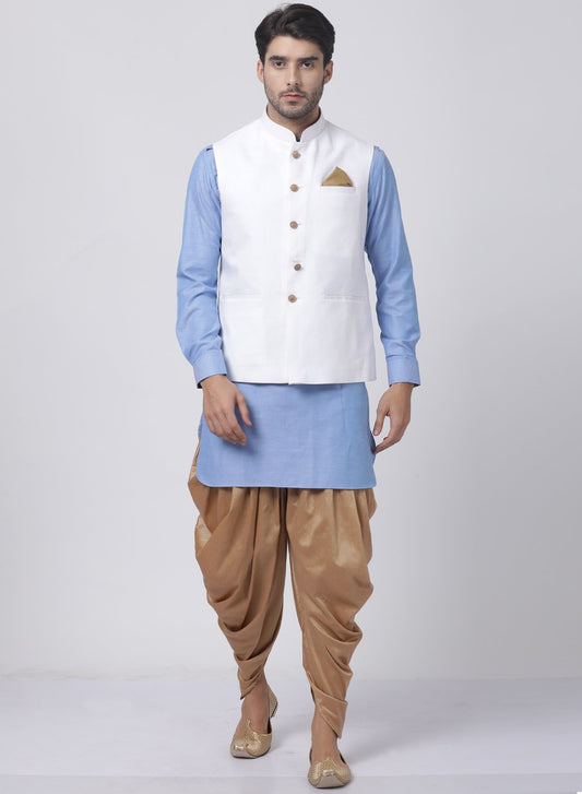 Vastramay Men's Blue Cotton Blend Kurta, White Ethnic Jacket and Dhoti Pant Set