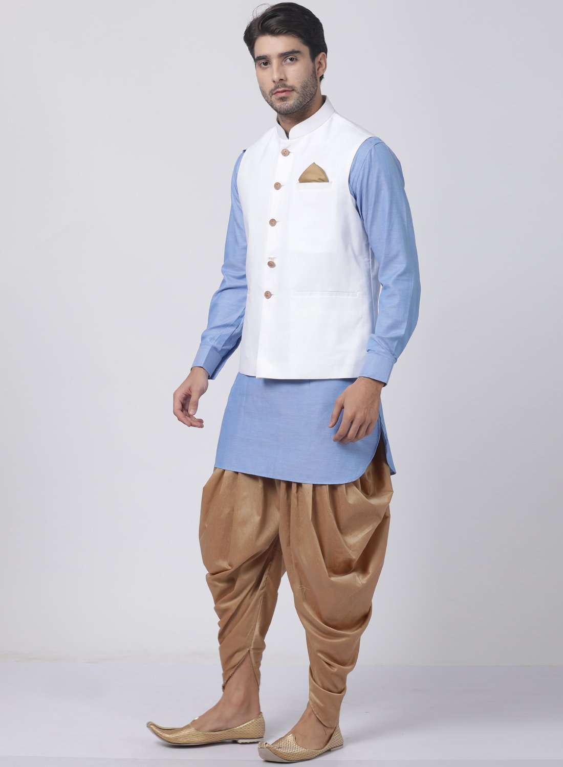 mens blue cotton blend ethnic jacket kurta and dhoti pant set963