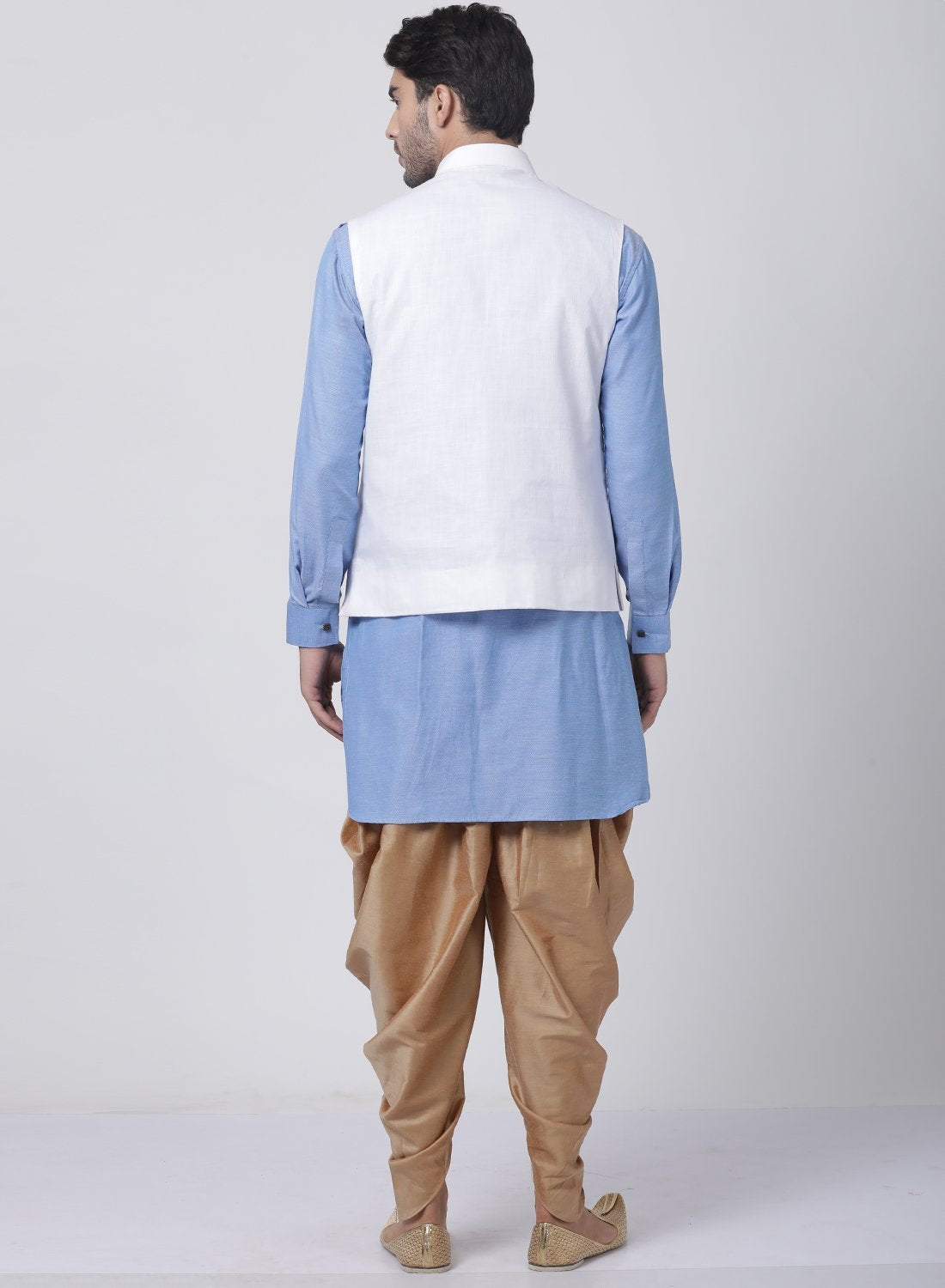mens blue cotton blend ethnic jacket kurta and dhoti pant set963
