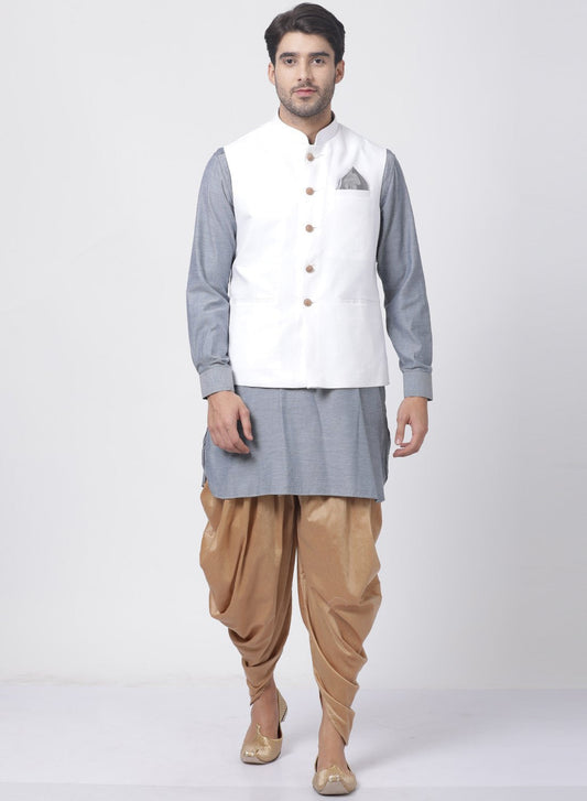 Vastramay Men's Grey Cotton Blend Kurta, White Ethnic jacket and Dhoti Pant Set