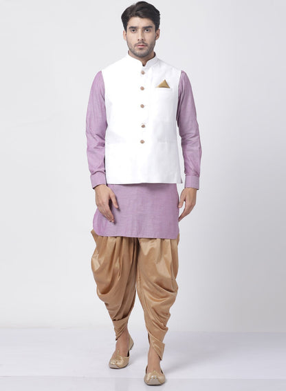 Vastramay Men's Purple Cotton Blend Kurta, White Ethnic Jacket and Dhoti Pant Set