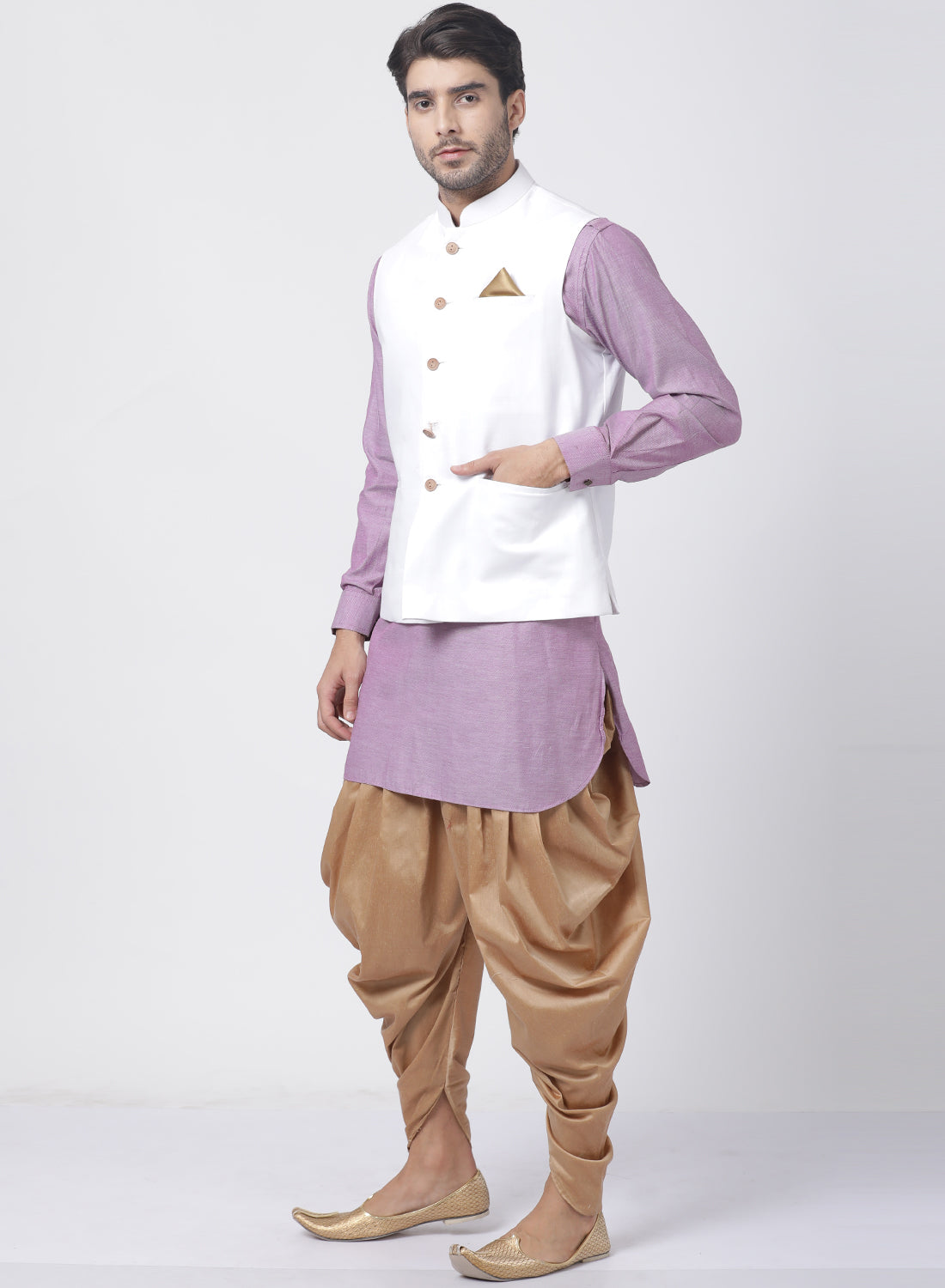 mens purple cotton blend ethnic jacket kurta and dhoti pant set965