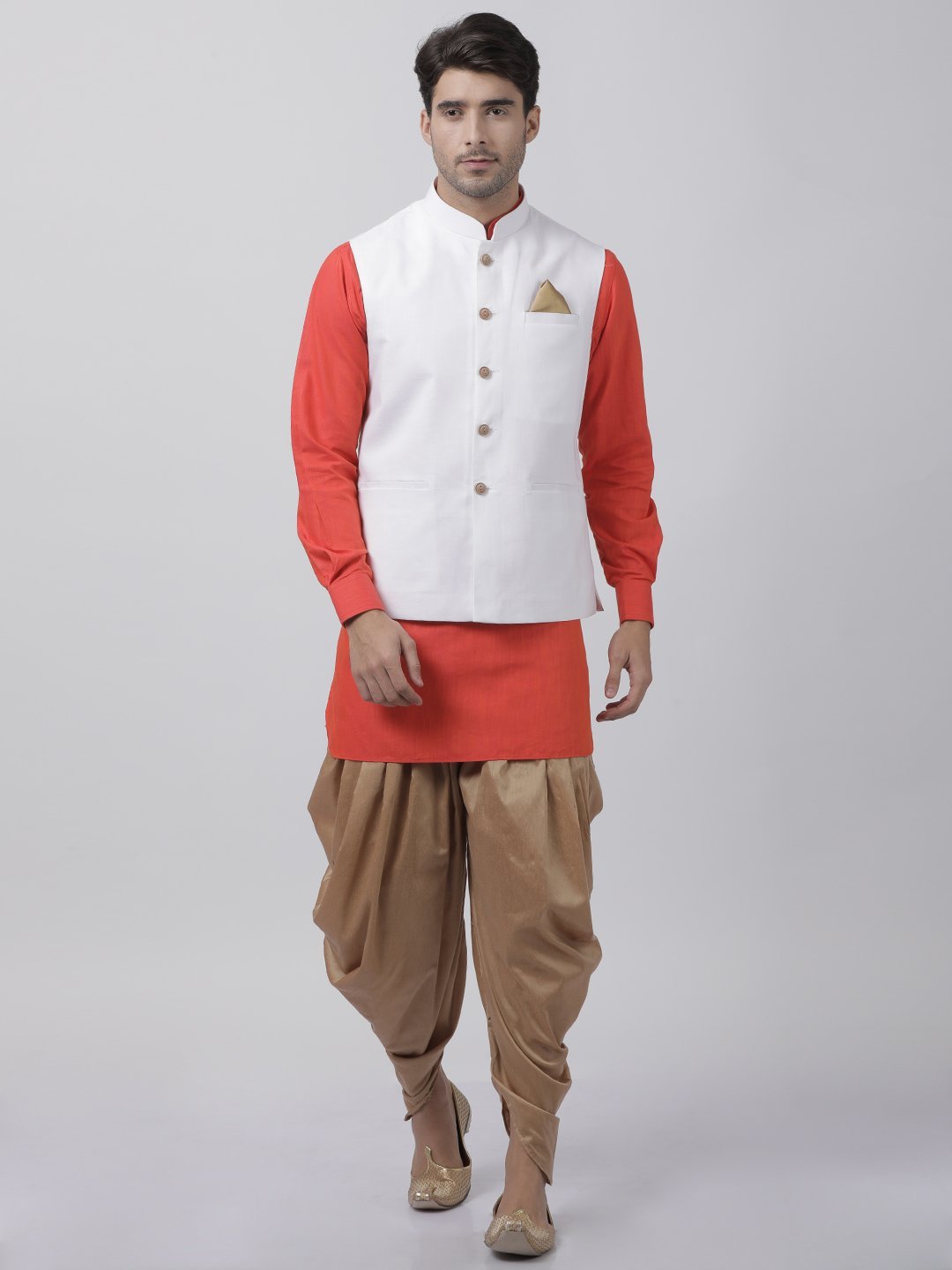 Vastramay Men's Orange Cotton Blend Kurta, White Ethnic Jacket and Dhoti Pant Set