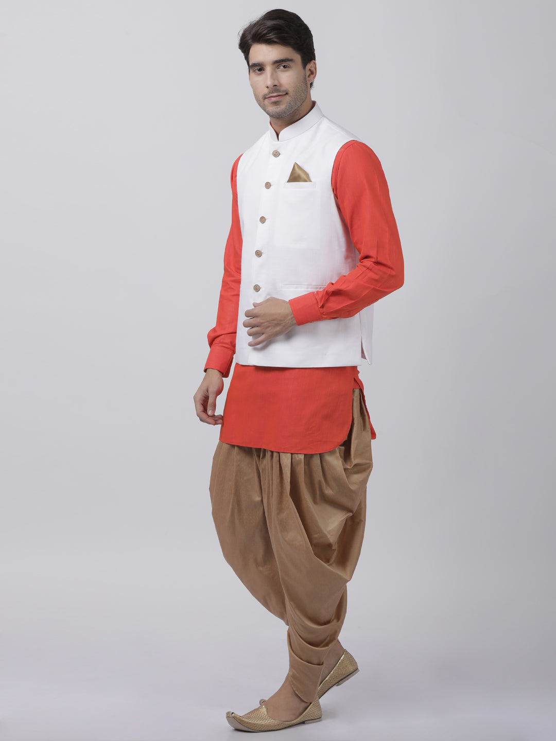 mens red cotton blend ethnic jacket kurta and dhoti pant set966