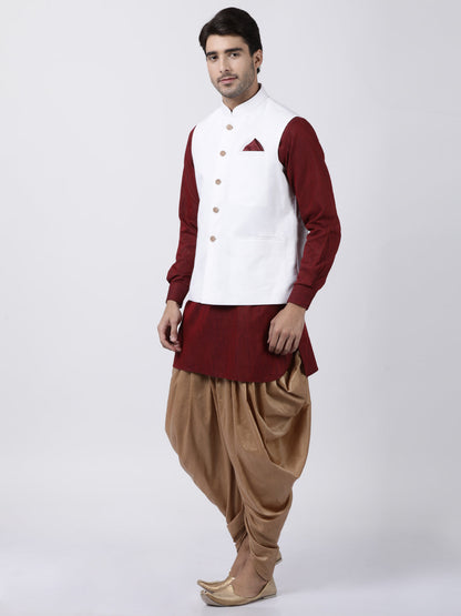 mens maroon cotton blend ethnic jacket kurta and dhoti pant set968