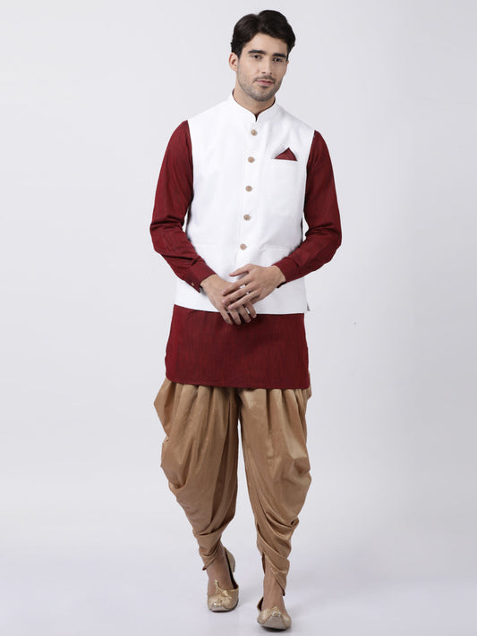 Vastramay Men's Maroon Cotton Blend Kurta, White Ethnic Jacket and Dhoti Pant Set