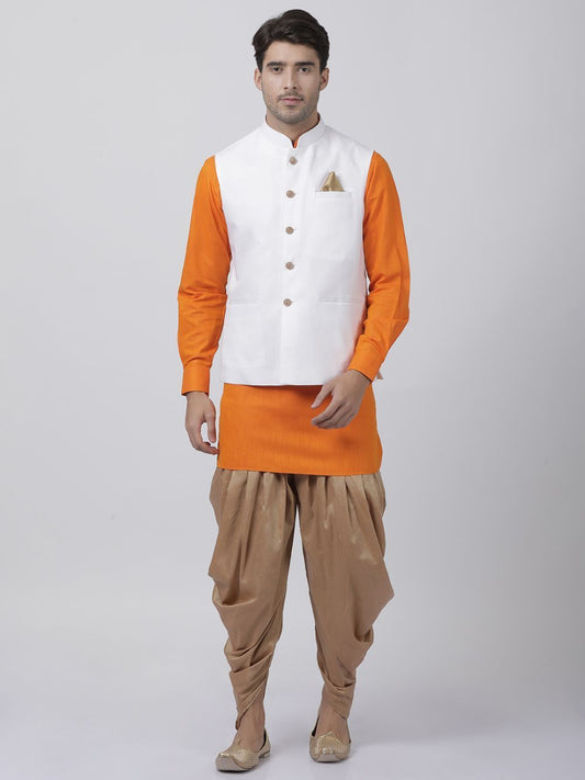 Vastramay Men's Orange Cotton Blend Kurta, White Ethnic Jacket and Dhoti Pant Set