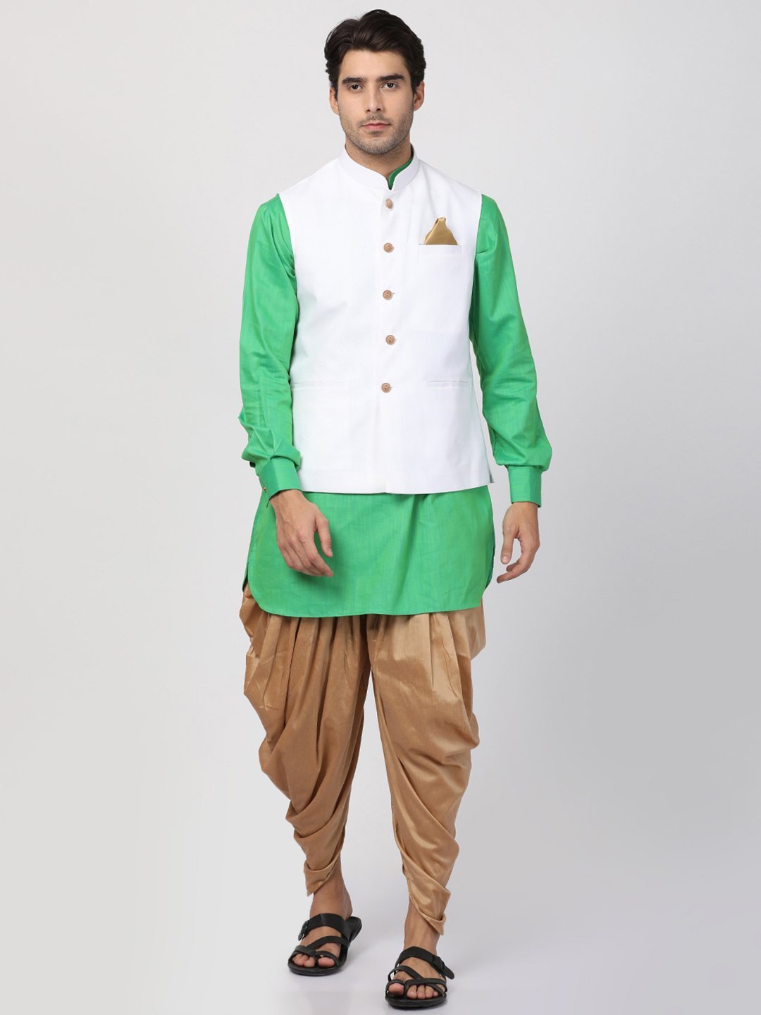 Vastramay Men's Green Cotton Blend Ethnic Jacket, Kurta and Dhoti Pant Set