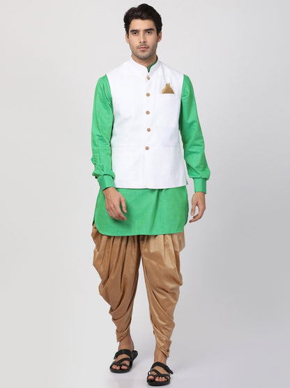 Vastramay Men's Green Cotton Blend Ethnic Jacket, Kurta and Dhoti Pant Set