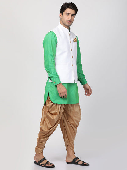 Vastramay Men's Green Cotton Blend Ethnic Jacket, Kurta and Dhoti Pant Set