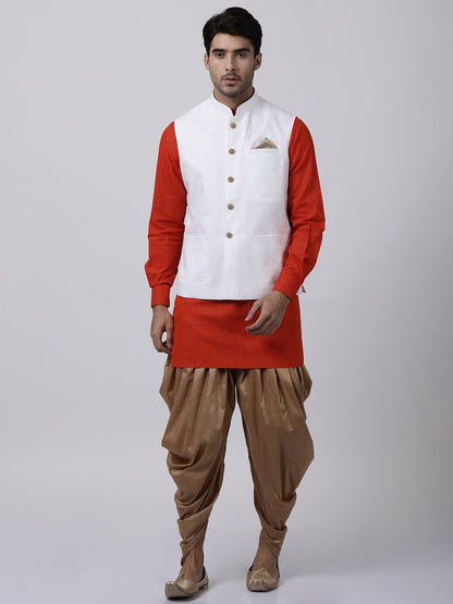 Vastramay Men's Red Cotton Blend Kurta, White Ethnic Jacket and Dhoti Pant Set