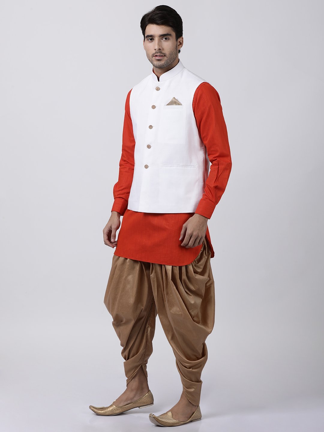 mens red cotton blend ethnic jacket kurta and dhoti pant set972