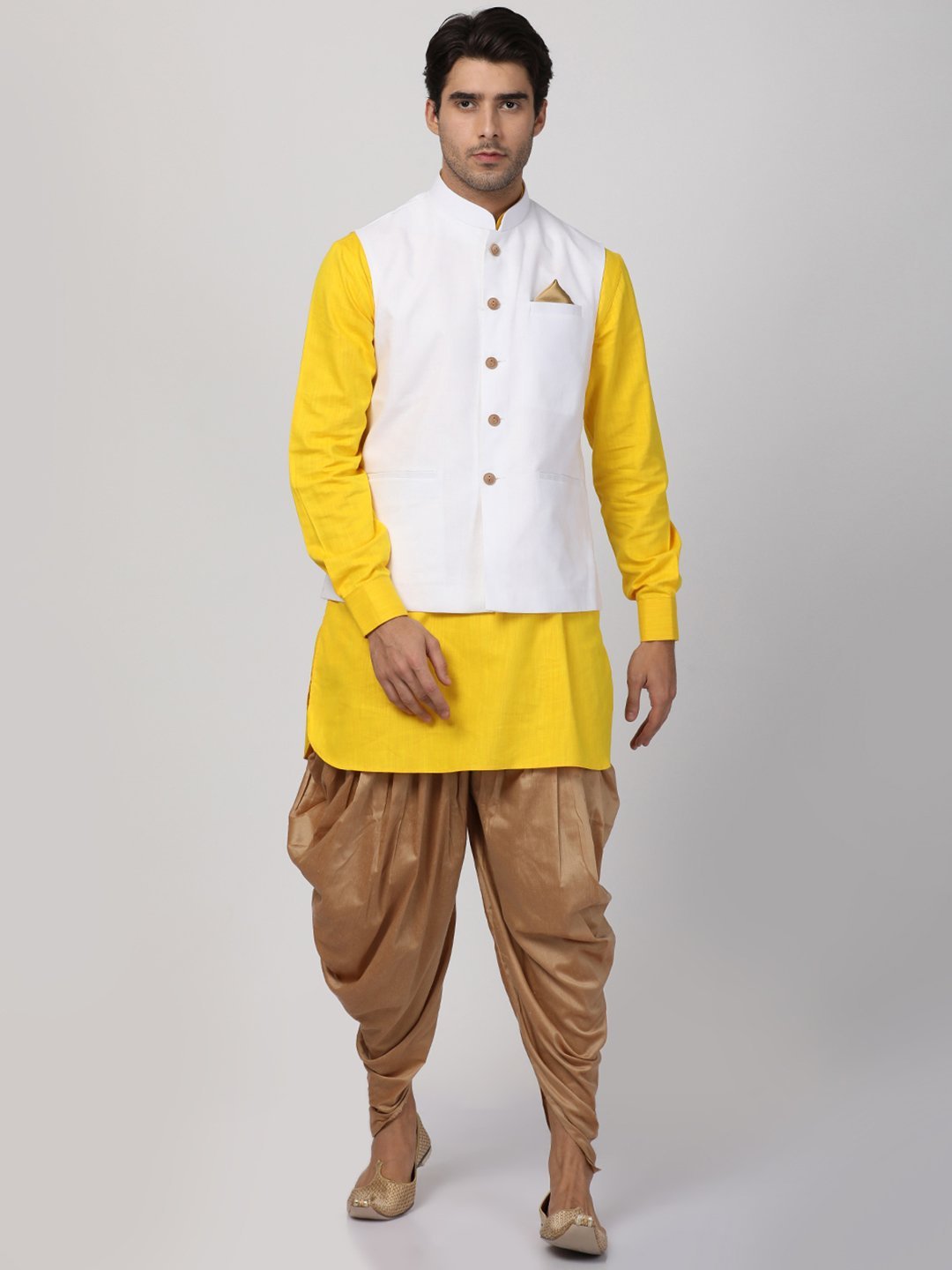 Vastramay Men's Yellow Cotton Blend Ethnic Jacket, Kurta and Dhoti Pant Set