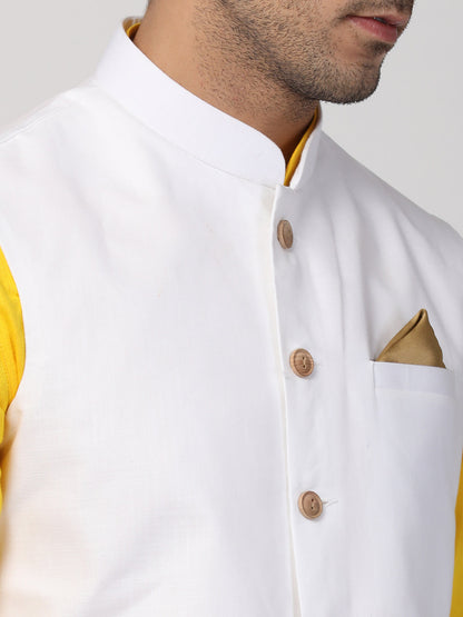 mens yellow cotton blend ethnic jacket kurta and dhoti pant set973