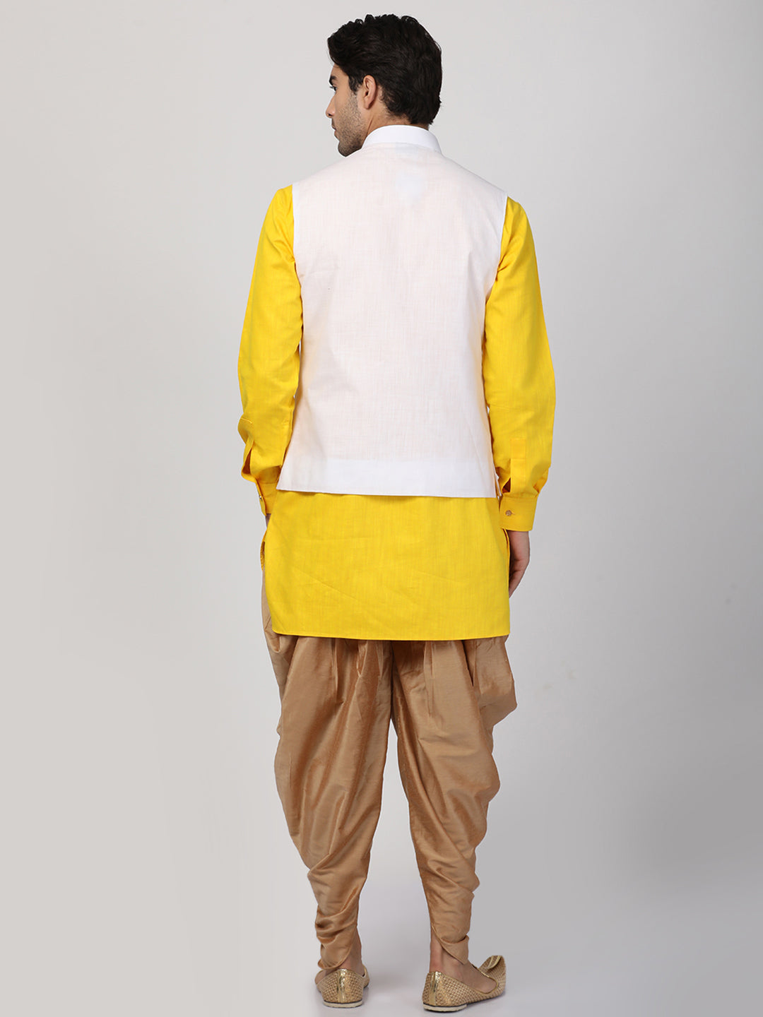 mens yellow cotton blend ethnic jacket kurta and dhoti pant set973