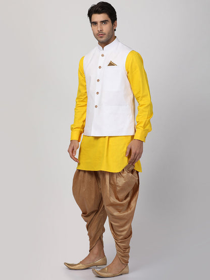 mens yellow cotton blend ethnic jacket kurta and dhoti pant set973