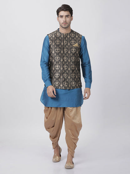 Men's Firozi Blue Cotton Silk Blend Kurta, Ethnic Jacket and Dhoti Pant Set