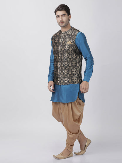 Vastramay Men's Firozi Blue Cotton Silk Blend Kurta, Ethnic Jacket and Dhoti Pant Set