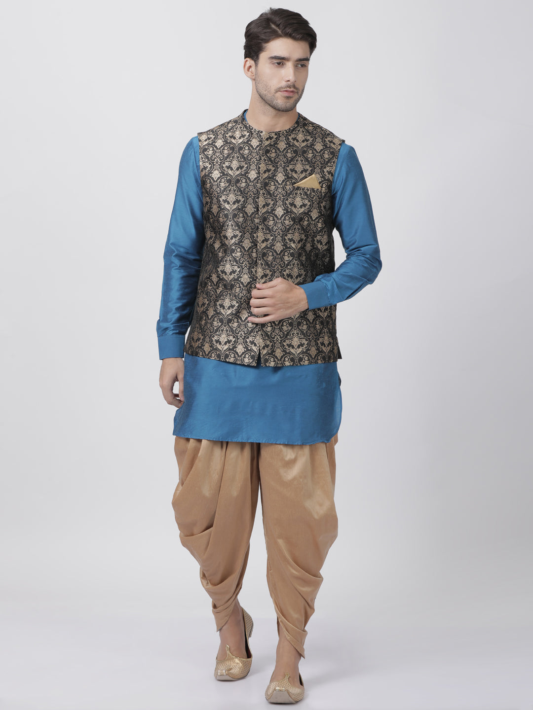 Vastramay Men's Firozi Blue Cotton Silk Blend Kurta, Ethnic Jacket and Dhoti Pant Set