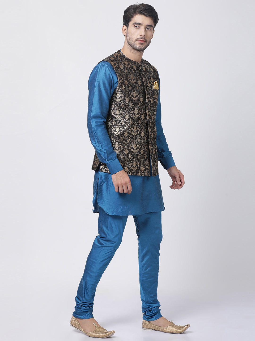 Vastramay Men's Firozi Blue Cotton Silk Blend Kurta, Ethnic Jacket With Churidar pajama  Set