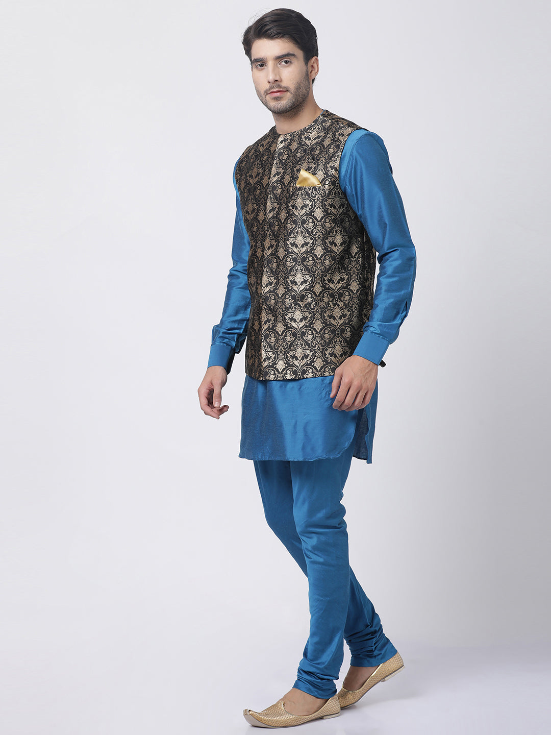 Vastramay Men's Firozi Blue Cotton Silk Blend Kurta, Ethnic Jacket With Churidar pajama  Set