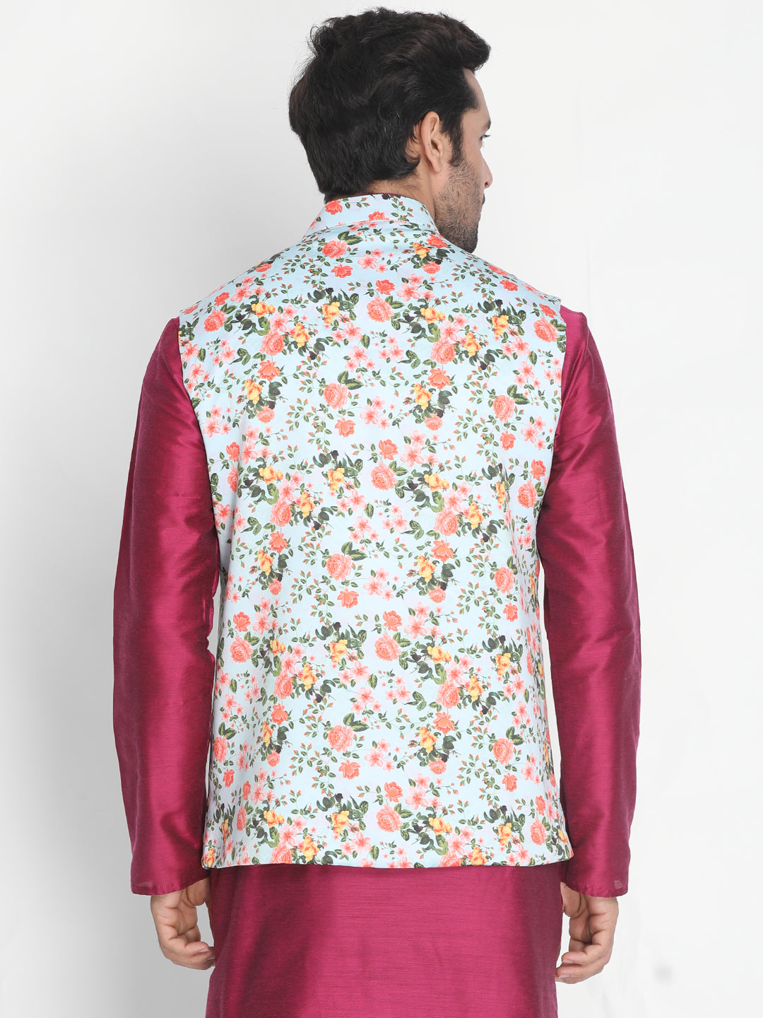 Vastramay Men's Light Multi color Reversible Silk Blend Floral Ethnic Jacket