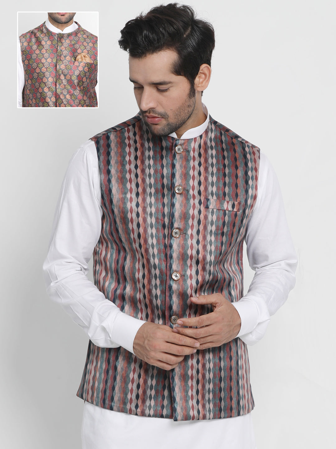 VASTRAMAY Men's Grey Silk Blend Nehru Jacket