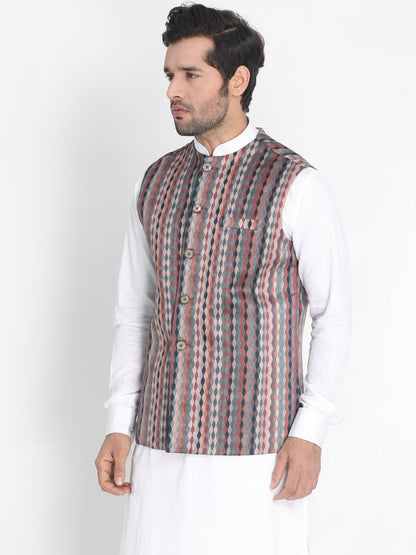 Vastramay Men's Grey Silk Blend Nehru Jacket