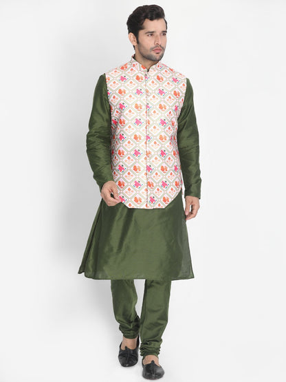 Vastramay Men's Purple Cotton Blend Kurta, Ethnic Jacket and Pyjama Set