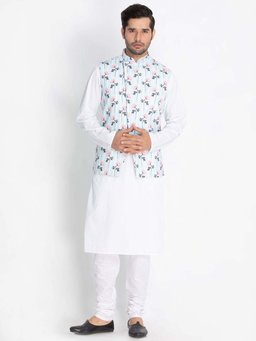 Vastramay Men's White Cotton Blend Kurta, Ethnic Jacket and Churidar Set