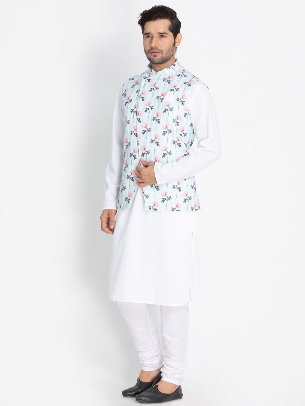 mens white cotton blend kurta ethnic jacket and pyjama set934