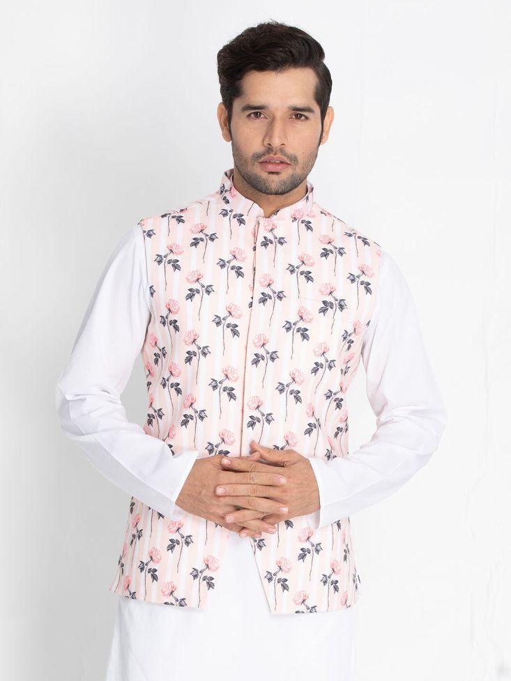 Vastramay Men's Pink Cotton Blend Floral Ethnic Jacket