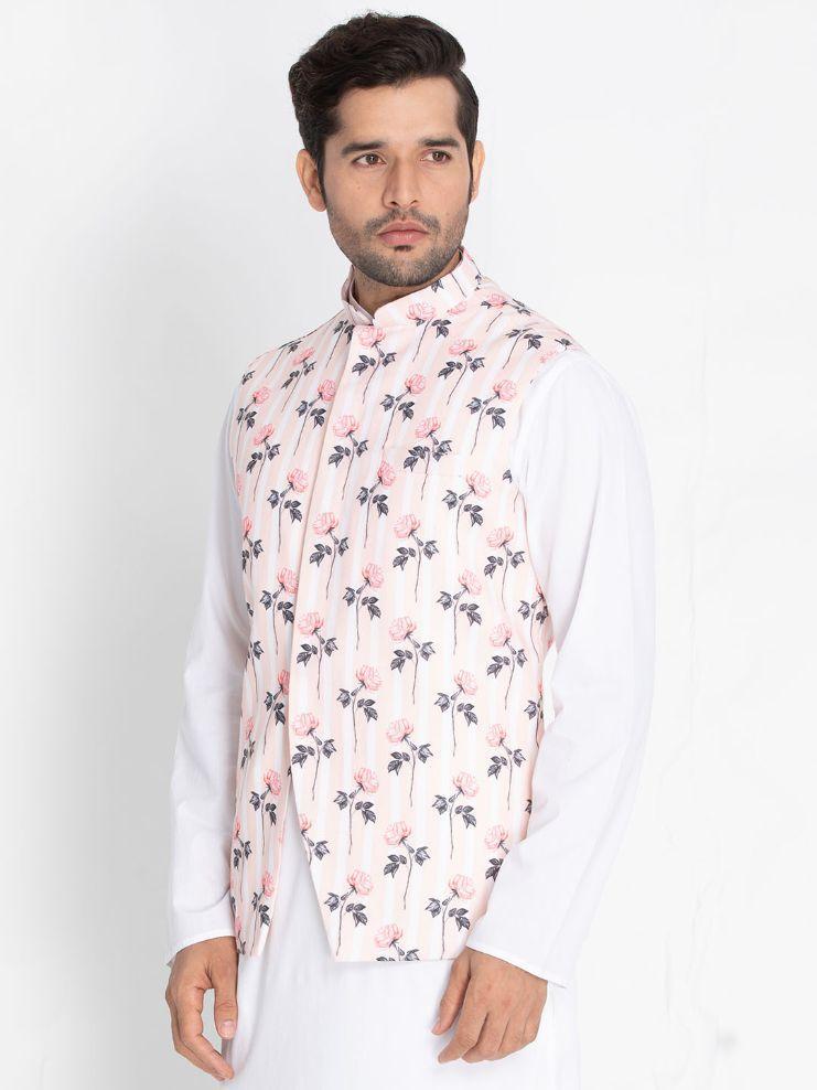 Vastramay Men's Pink Cotton Blend Floral Ethnic Jacket