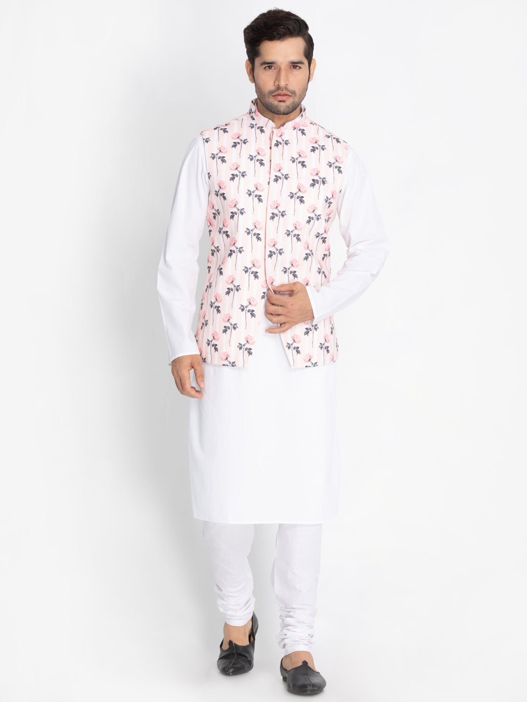 Vastramay Men's Pink Cotton Blend Floral Ethnic Jacket