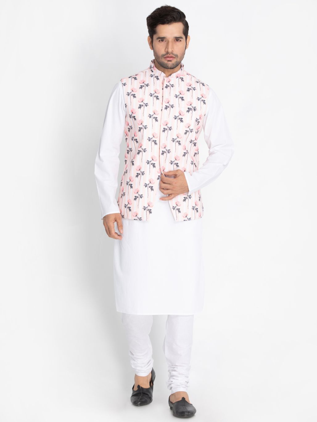 Vastramay Men's White Cotton Blend Kurta, Pink floral Ethnic Jacket and Churidar Set