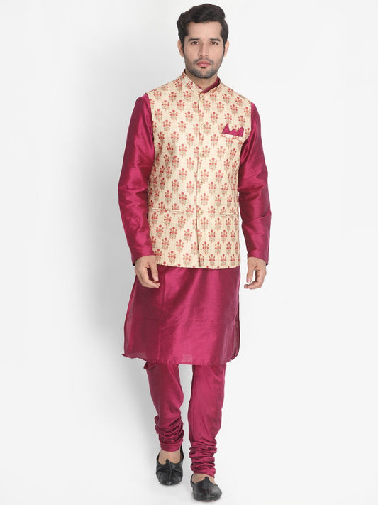 Vastramay Men's Purple Cotton Blend Kurta, Ethnic Jacket and Pyjama Set