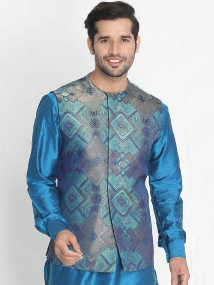 VASTRAMAY Men's Green Silk Blend Ethnic Jacket